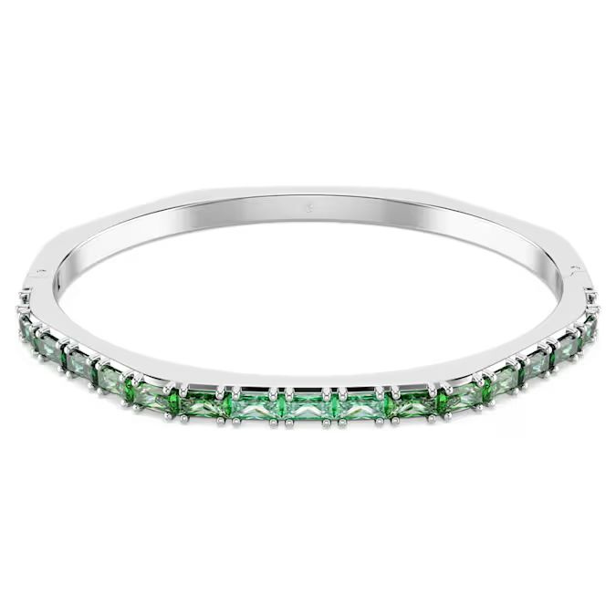 Matrix bangle Baguette cut, Green, Rhodium plated