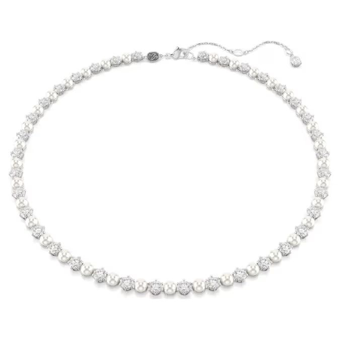 Matrix Tennis necklace Crystal pearl, Round cut, White, Rhodium plated