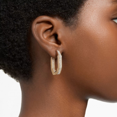 Dextera hoop earrings, Octagon, Pavé, Medium, White, Gold