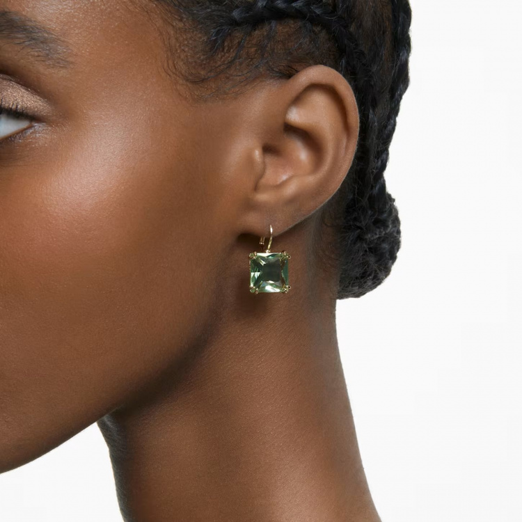 Millenia drop earrings, Square cut, Green, Gold-tone plated