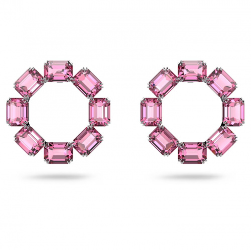 Millenia hoop earrings, Circle, Octagon cut, Pink, Rhodium