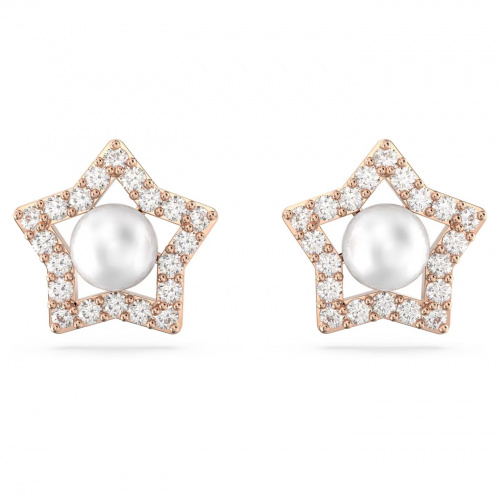 Stella stud earrings, Crystal pearls, Star, White, Rose gold