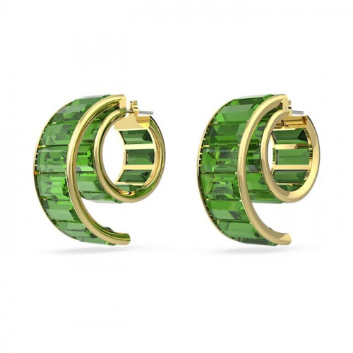 Matrix hoop earrings Baguette cut, Green, Gold-tone plated
