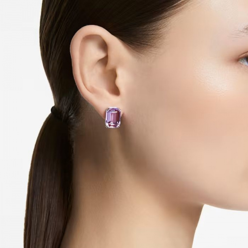Millenia stud earrings Octagon cut, Purple, Rhodium plated