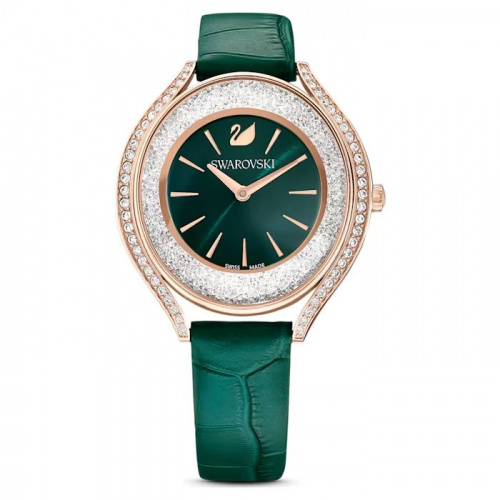 Crystalline Aura watch Swiss Made, Leather strap, Green, Rose gold-tone finish