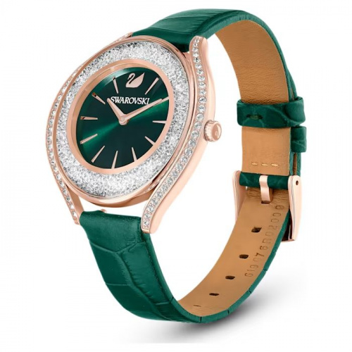 Crystalline Aura watch Swiss Made, Leather strap, Green, Rose gold-tone finish