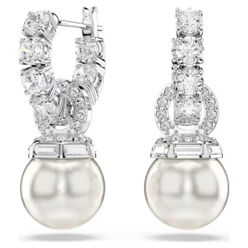 Matrix drop earrings Crystal pearl, Round cut, White, Rhodium plated