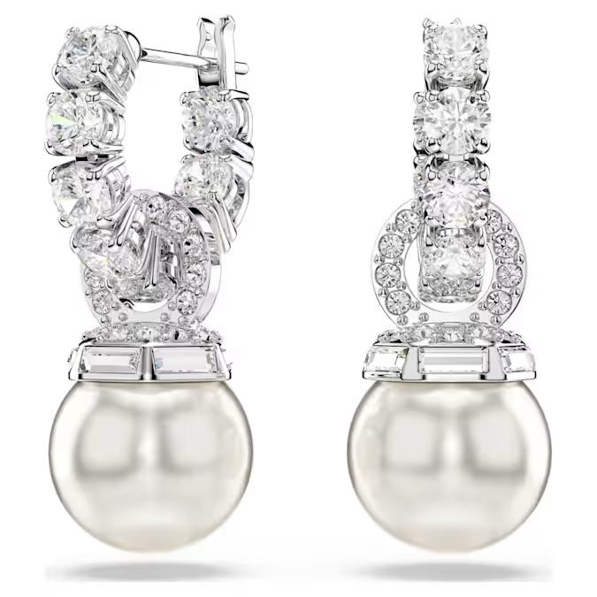 Matrix drop earrings Crystal pearl, Round cut, White, Rhodium plated