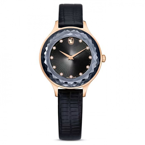 Octea Nova watch Swiss Made, Leather strap, Black, Rose gold-tone finish