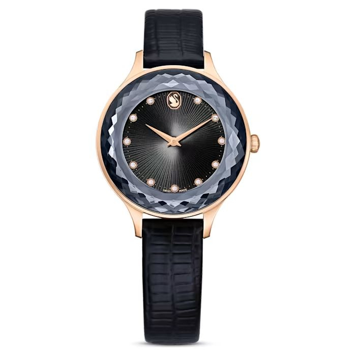 Octea Nova watch Swiss Made, Leather strap, Black, Rose gold-tone finish