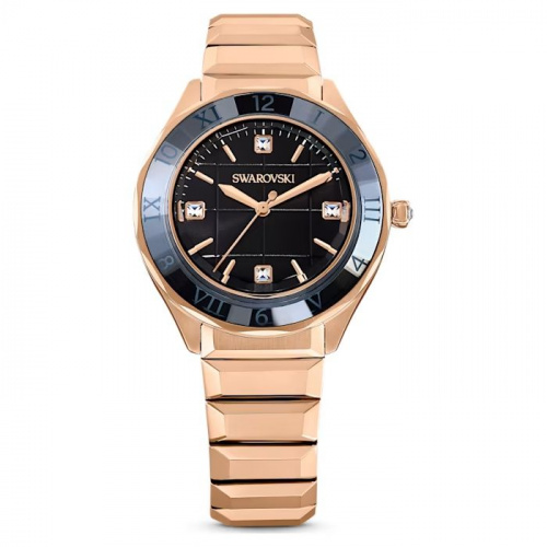 37mm watch Swiss Made, Metal bracelet, Black, Rose gold-tone finish
