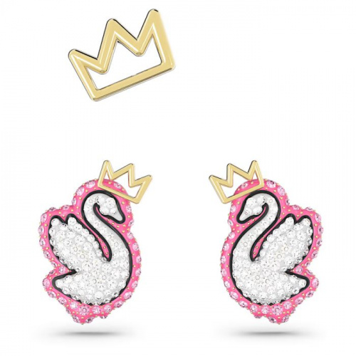 Pop Swan stud earrings Set (3), Swan, Pink, Gold-tone plated