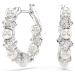 Matrix drop earrings Crystal pearl, Round cut, White, Rhodium plated