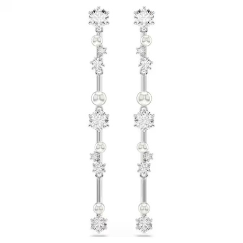 Constella drop earrings Crystal pearl, Round cuts, White, Rhodium plated