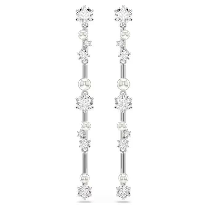 Constella drop earrings Crystal pearl, Round cuts, White, Rhodium plated