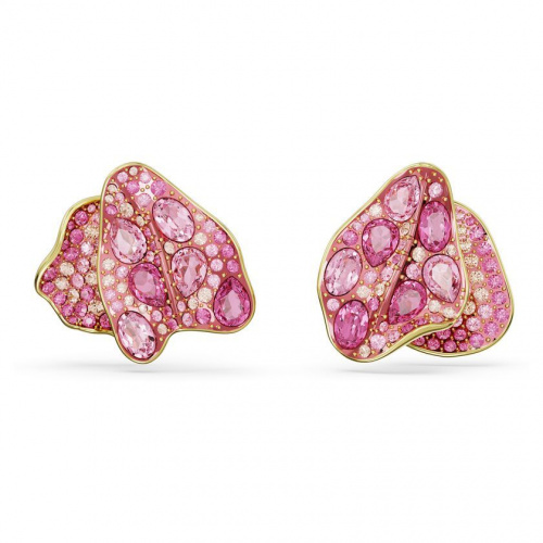 Florere stud earrings Asymmetrical design, Flower, Pink, Gold-tone plated