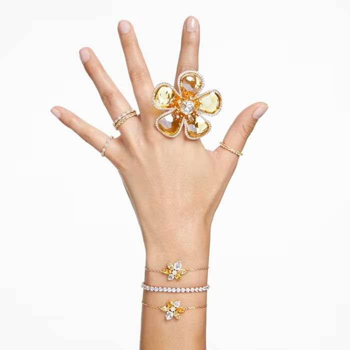 Florere cocktail ring Flower, Yellow, Gold-tone plated