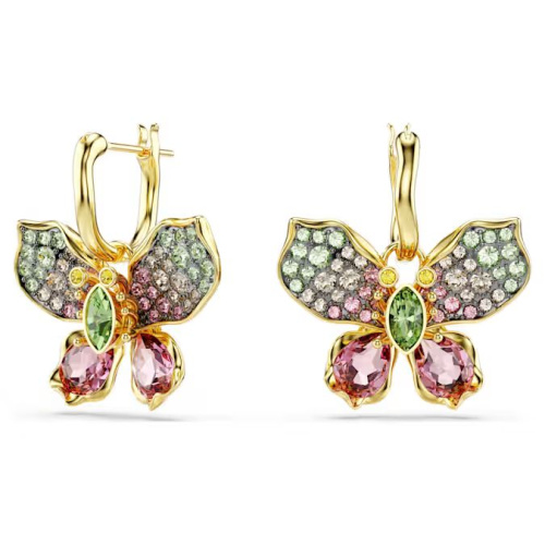 Idyllia drop earrings Mixed cuts, Pavé, Butterfly, Multicolored, Gold-tone plated