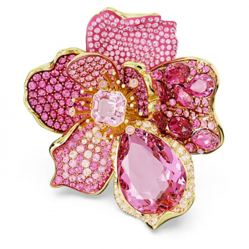 Florere cocktail ring Pavé, Flower, Pink, Gold-tone plated