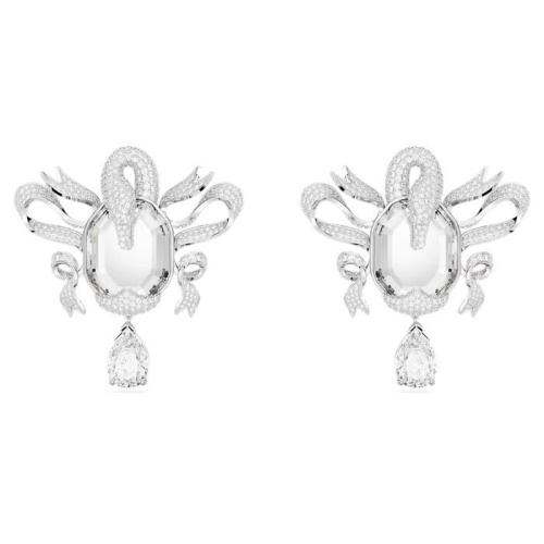 Fashion Swan clip earrings Swan, White, Rhodium plated