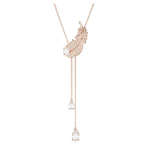 Nice Y pendant Feather, White, Rose gold-tone plated