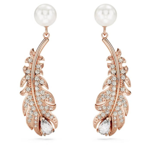 Nice drop earrings Mixed cuts, Feather, White, Rose gold-tone plated