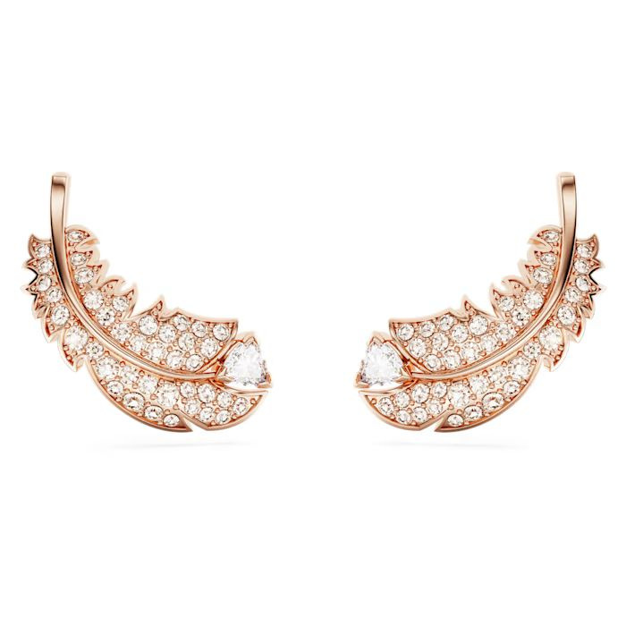 Nice stud earrings Feather, White, Rose gold-tone plated