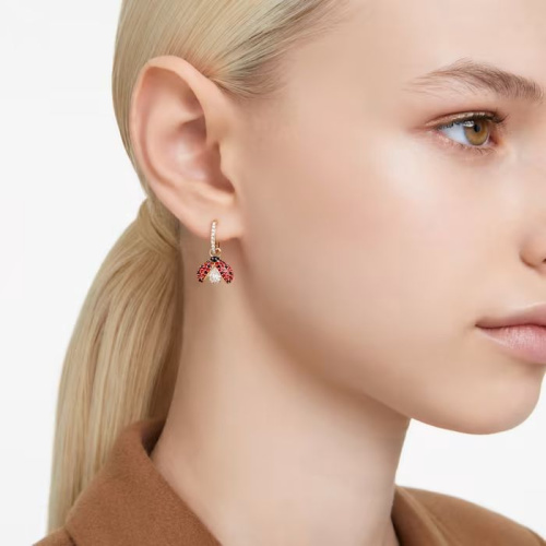 Idyllia drop earrings Asymmetrical design, Ladybug, Red, Gold-tone plated