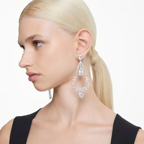 Mesmera clip earrings Mixed cuts, Chandelier, Long, White, Rhodium plated