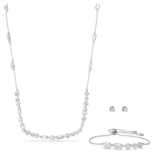 Mesmera set Mixed cuts, Scattered design, White, Rhodium plated