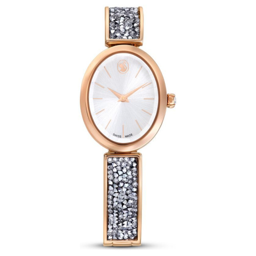 Crystal Rock Oval watch Swiss Made, Metal bracelet, Silver tone, Rose gold-tone finish
