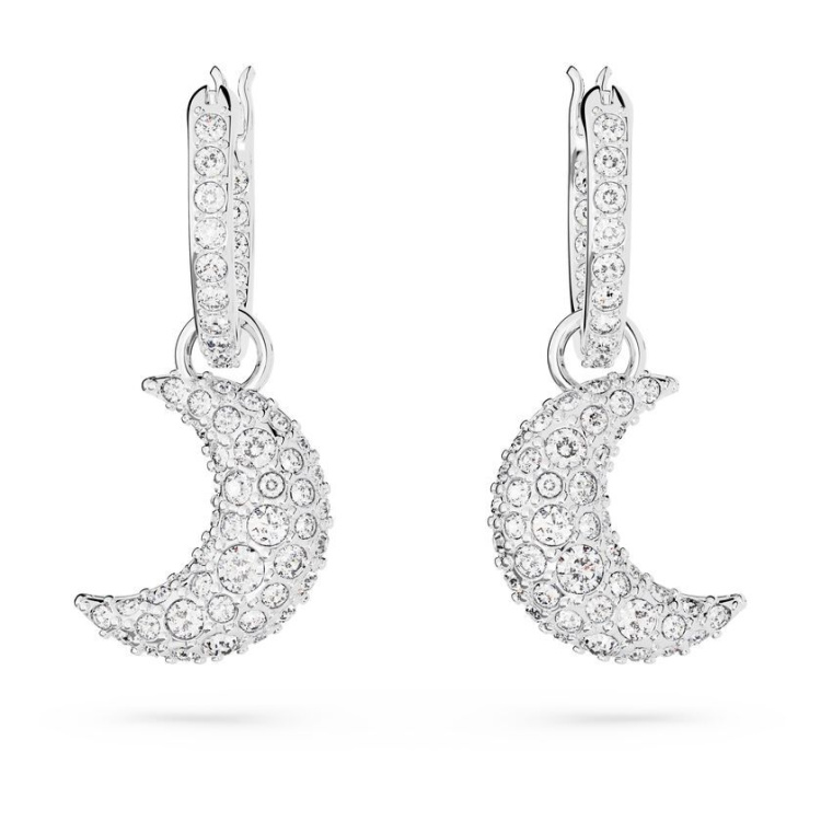 Luna drop earrings Moon, White, Rhodium plated
