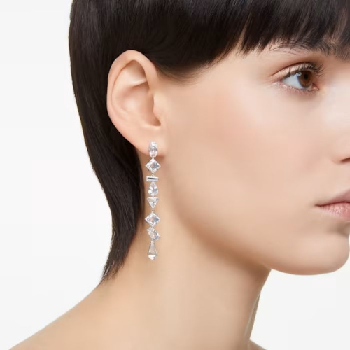 Mesmera drop earrings Mixed cuts, Long, White, Rhodium plated