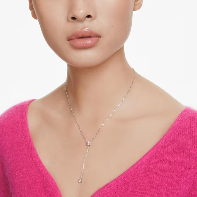 Attract Y necklace Round cut, Pink, Rhodium plated