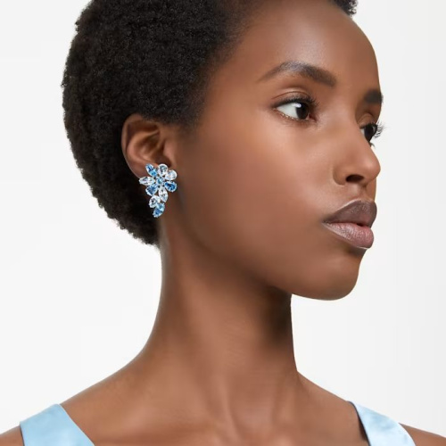 Gema drop earrings Mixed cuts, Flower, Blue, Rhodium plated