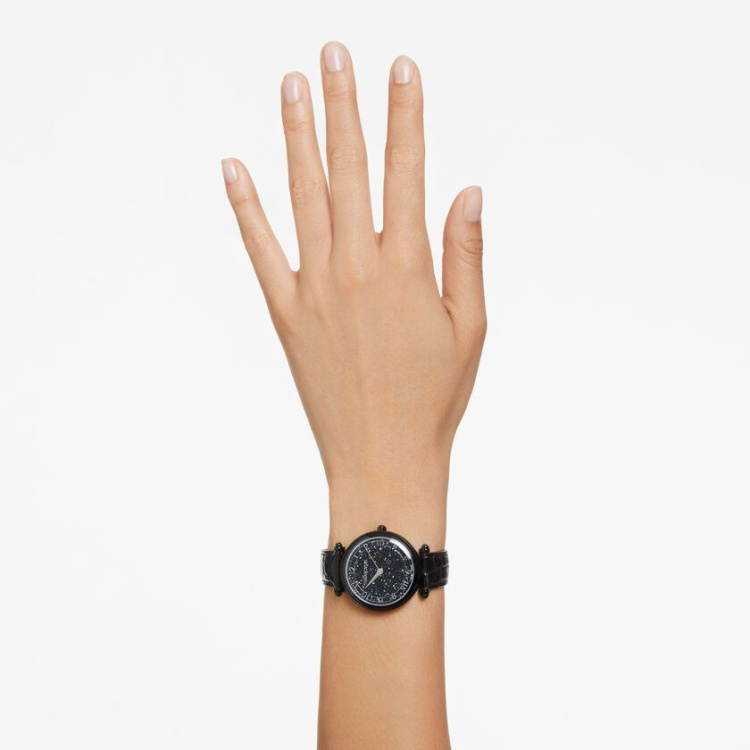 Crystalline Wonder watch Swiss Made, Leather strap, Black, Black finish