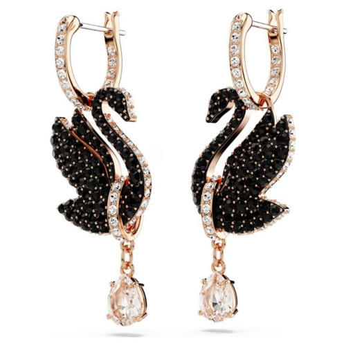 Swarovski Swan drop earrings Swan, Black, Rose gold-tone plated