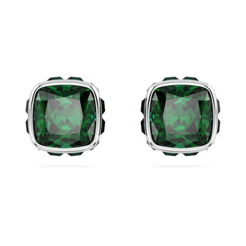 Birthstone stud earrings Square cut, May, Green, Rhodium plated