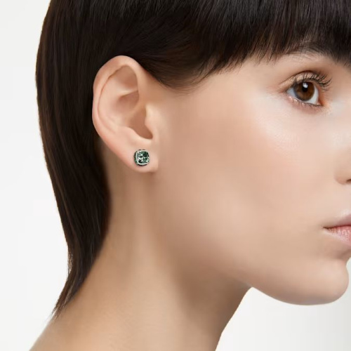 Birthstone stud earrings Square cut, May, Green, Rhodium plated