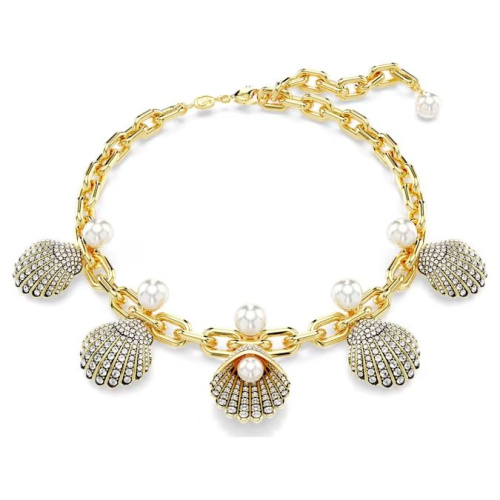 Idyllia necklace Crystal pearls, Shell, White, Gold-tone plated