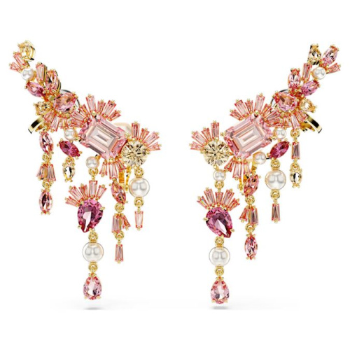 Gema clip earrings Mixed cuts, Chandelier, Flower, Pink, Gold-tone plated