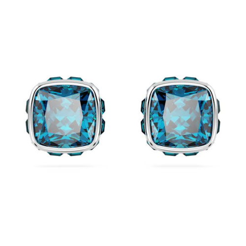 Birthstone stud earrings Square cut, December, Blue, Rhodium plate