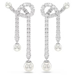 Matrix drop earrings Crystal pearl, Round cut, White, Rhodium plated