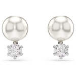 Matrix stud earrings Crystal pearl, Round cut, White, Rhodium plated