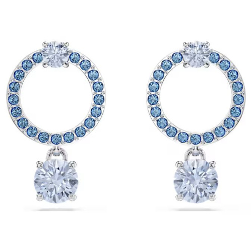 Attract drop earrings Round cut, Blue, Rhodium plated