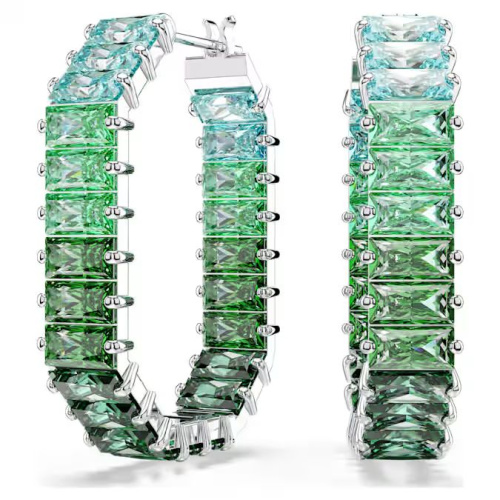 Matrix hoop earrings Baguette cut, Green, Rhodium plated