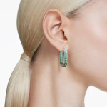 Matrix hoop earrings Baguette cut, Green, Rhodium plated