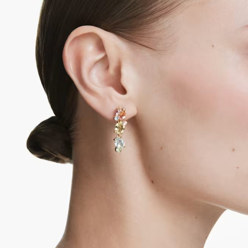 Gema drop earrings Asymmetrical design, Mixed cuts, Multicolored, Gold-tone plated