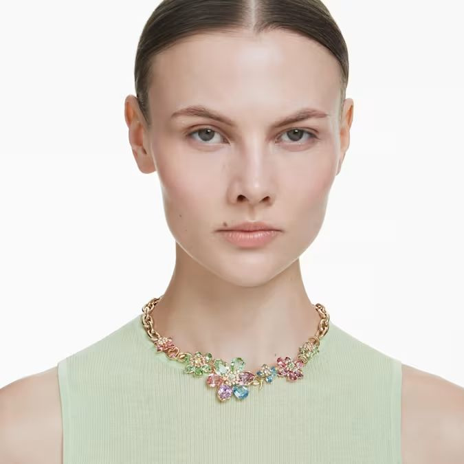 Idyllia necklace Mixed cuts, Flower, Multicolored, Gold-tone plated