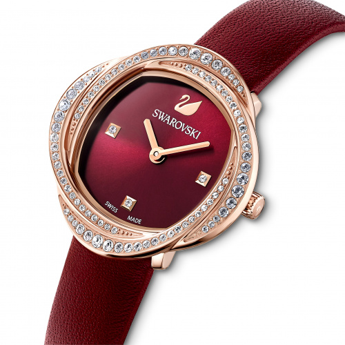 Crystal Flower Watch, Leather strap, Red, Rose-gold tone PVD
